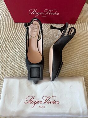 NEW Roger Vivier Denim Black Slingback Pumps with Square Buckle
